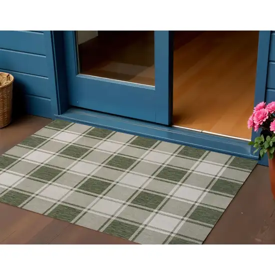 Green And Cream Gingham Indoor Outdoor Area Rug Photo 1
