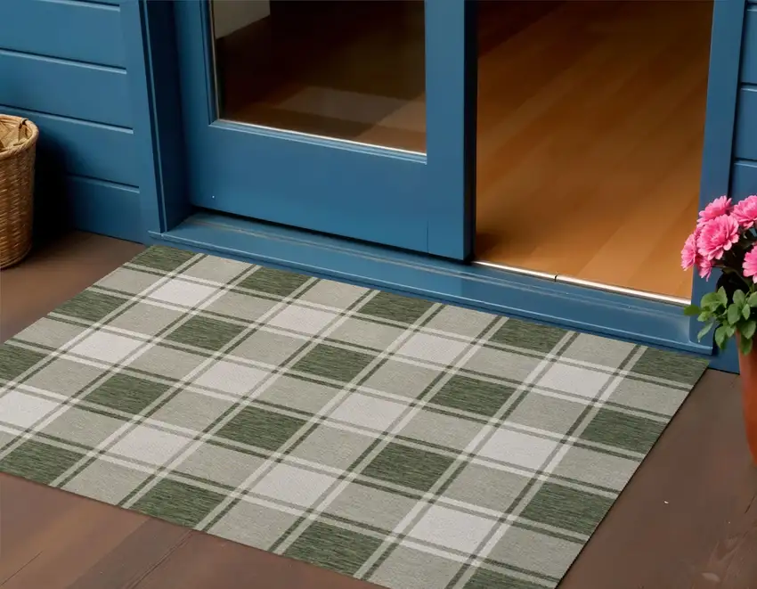 Green And Cream Gingham Indoor Outdoor Area Rug Photo 1