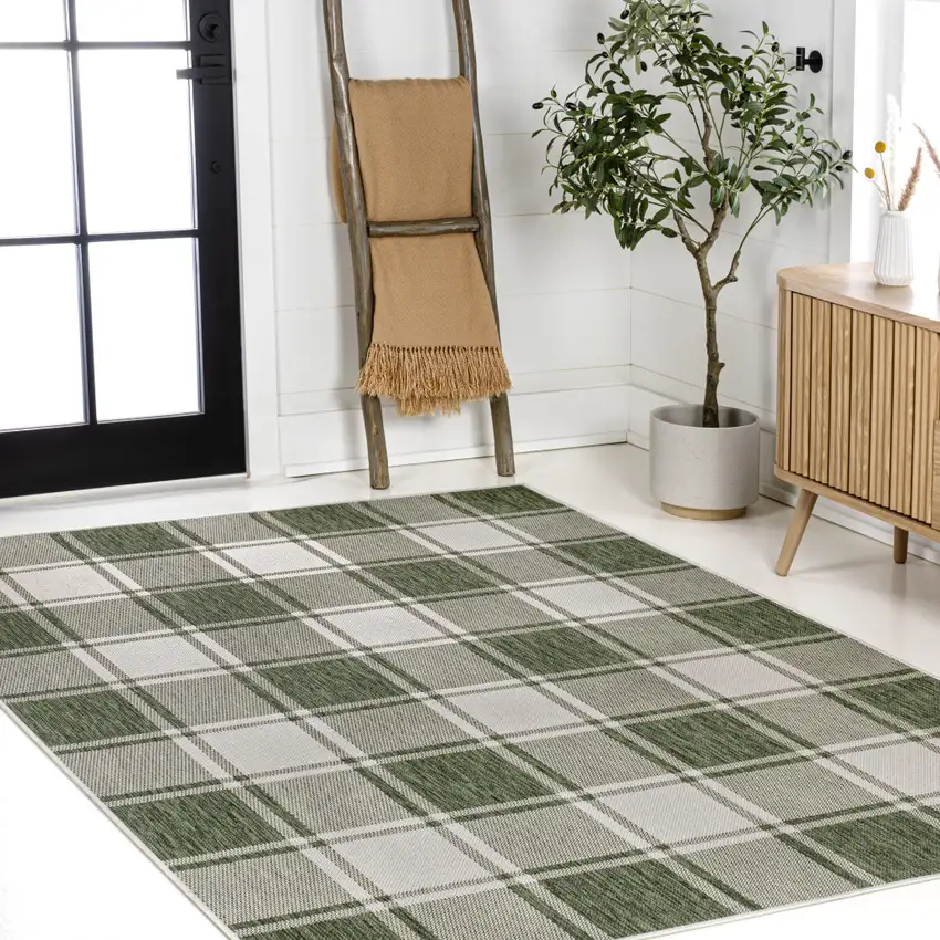 Green And Cream Gingham Indoor Outdoor Area Rug Photo 6