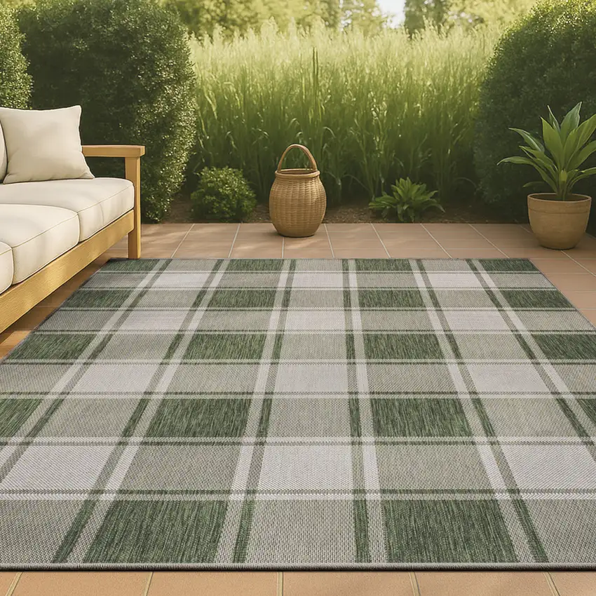 Green And Cream Gingham Indoor Outdoor Area Rug Photo 2
