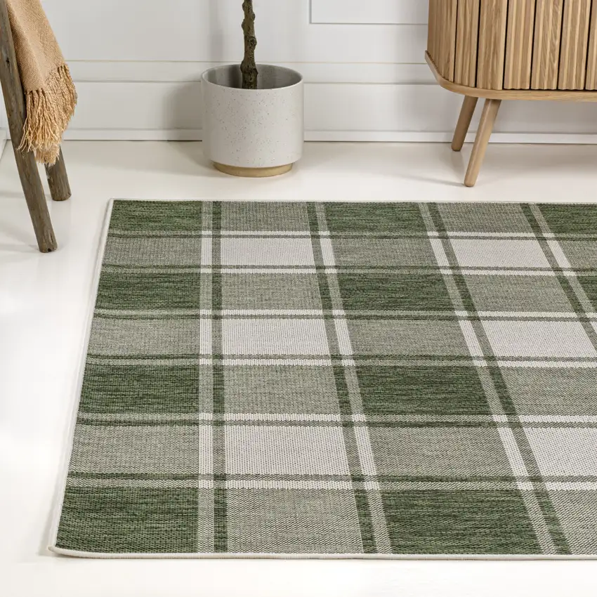 Green And Cream Gingham Indoor Outdoor Area Rug Photo 4