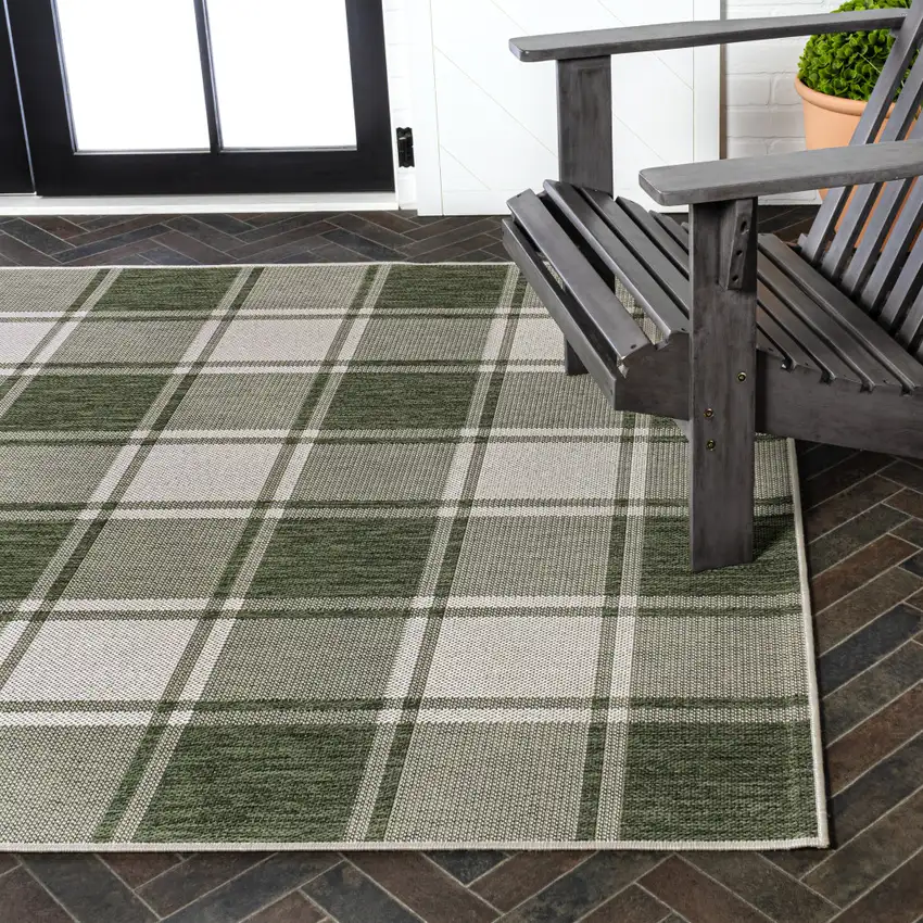 Green And Cream Gingham Indoor Outdoor Area Rug Photo 7