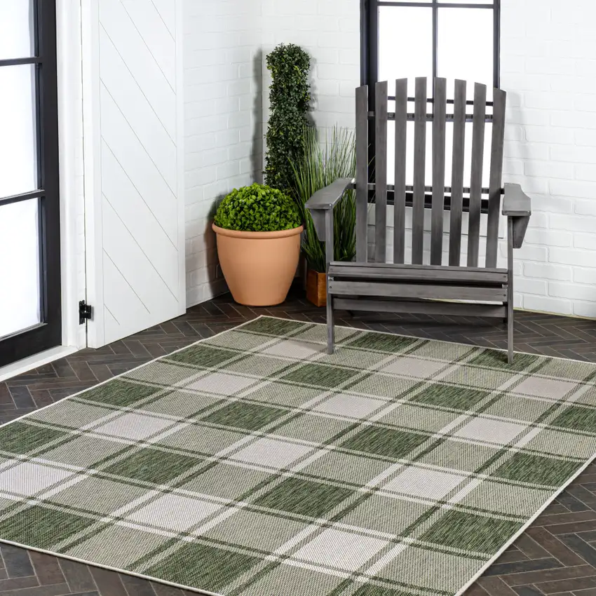 Green And Cream Gingham Indoor Outdoor Area Rug Photo 9