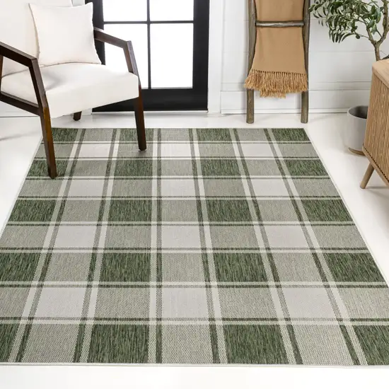Green And Cream Gingham Indoor Outdoor Area Rug Photo 5