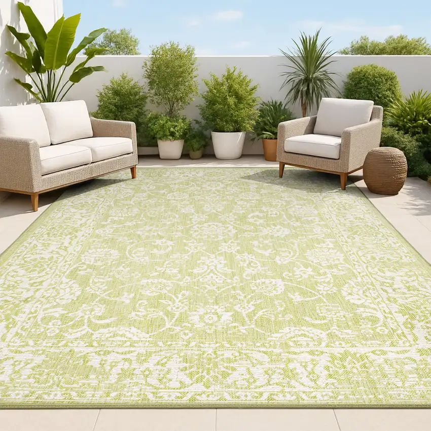 Green And Cream Medallion Indoor Outdoor Area Rug Photo 4