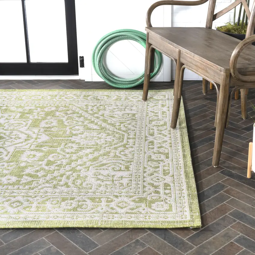 Green And Cream Medallion Indoor Outdoor Area Rug Photo 9
