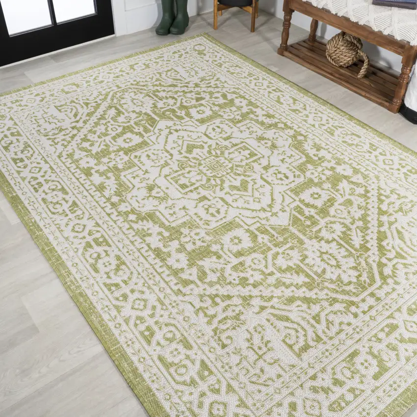 Green And Cream Medallion Indoor Outdoor Area Rug Photo 7