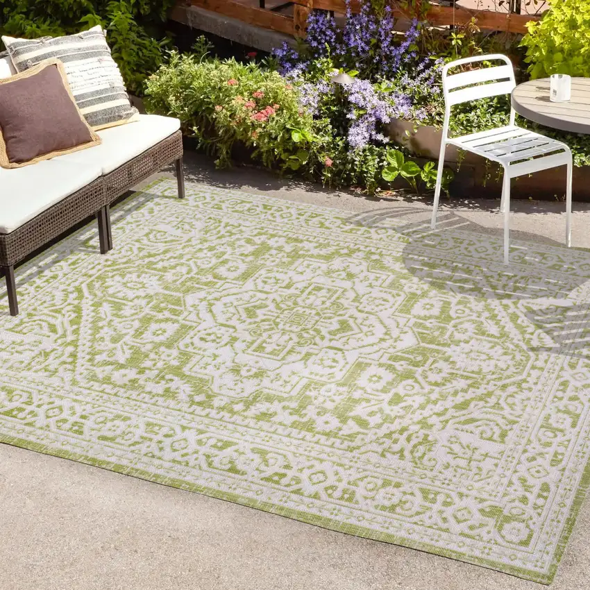 Green And Cream Medallion Indoor Outdoor Area Rug Photo 9