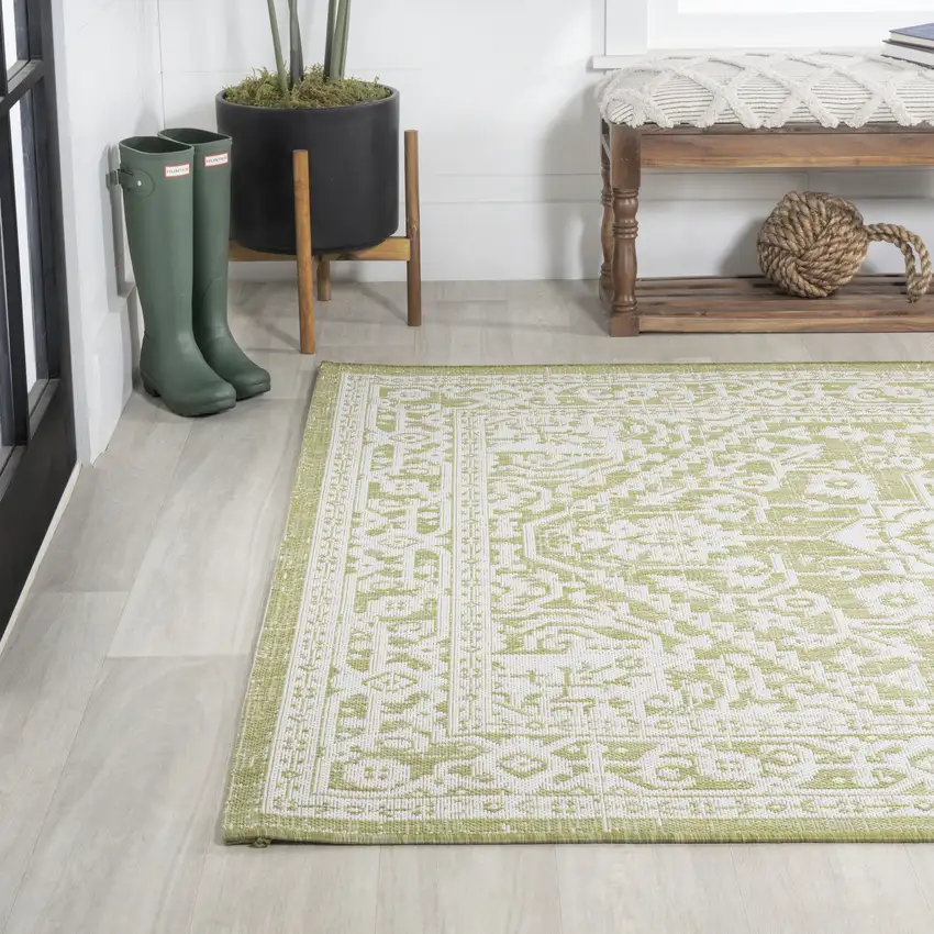 Green And Cream Medallion Indoor Outdoor Area Rug Photo 6