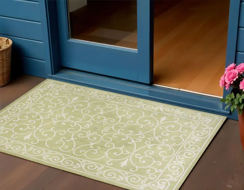 Green And Cream Medallion Indoor Outdoor Area Rug Photo 1