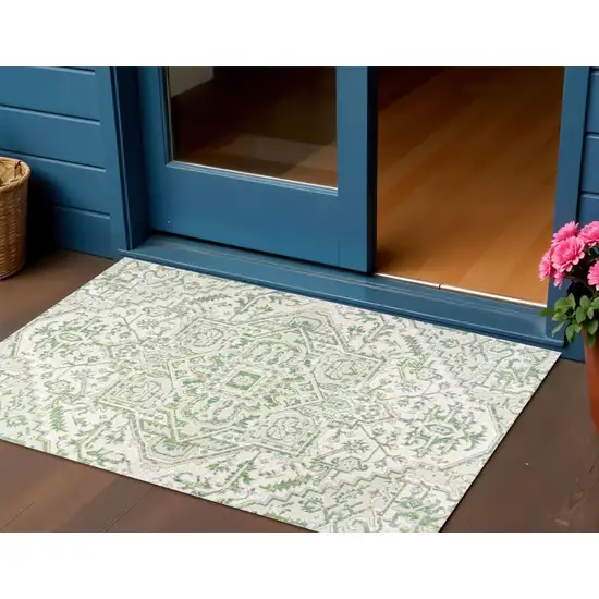 Green And Cream Medallion Indoor Outdoor Area Rug Photo 1