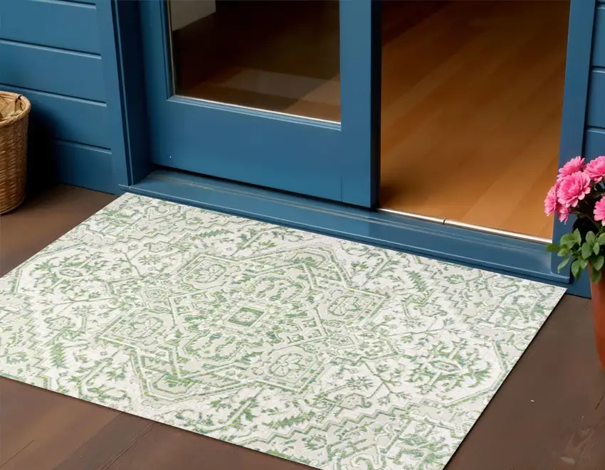 Green And Cream Medallion Indoor Outdoor Area Rug Photo 1