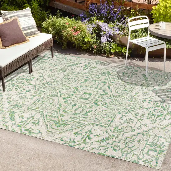 Green And Cream Medallion Indoor Outdoor Area Rug Photo 9