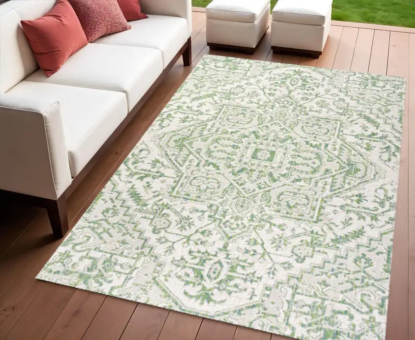 Green And Cream Medallion Indoor Outdoor Area Rug Photo 1