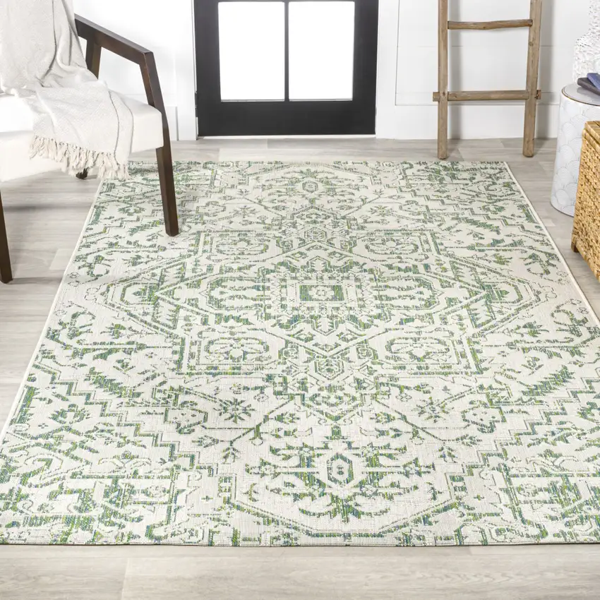 Green And Cream Medallion Indoor Outdoor Area Rug Photo 7