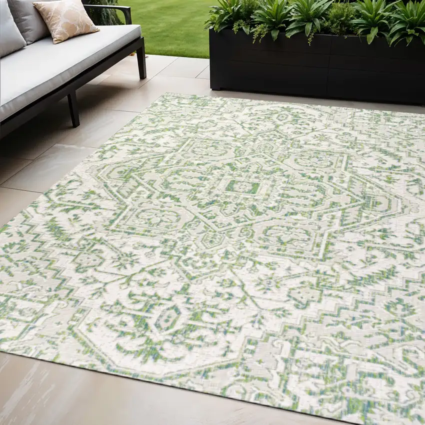 Green And Cream Medallion Indoor Outdoor Area Rug Photo 1