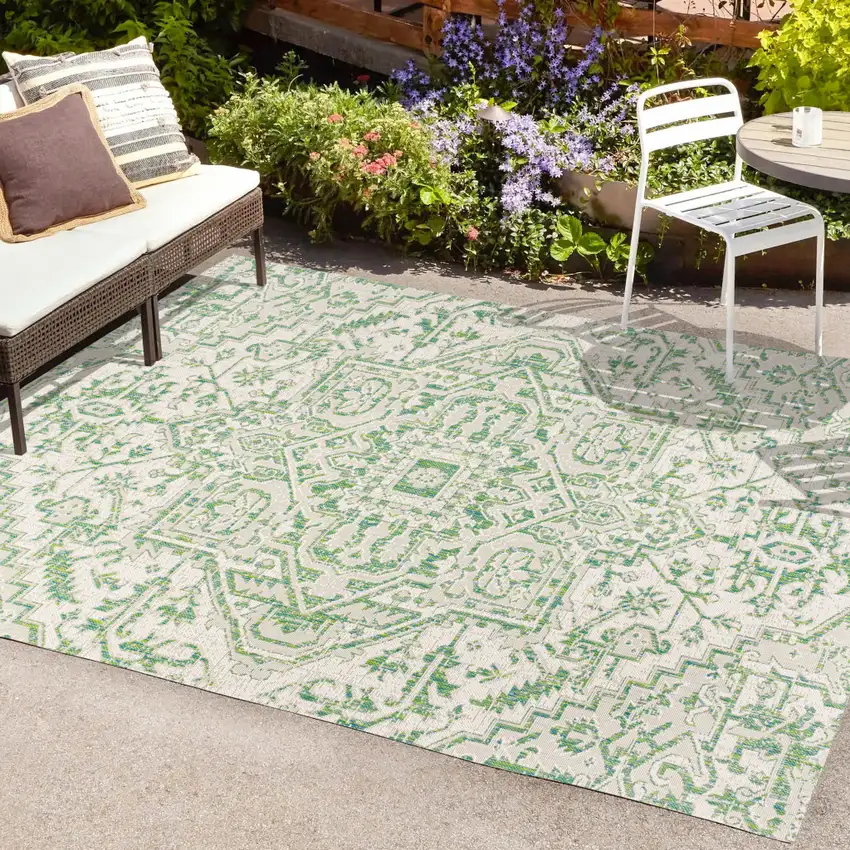 Green And Cream Medallion Indoor Outdoor Area Rug Photo 8