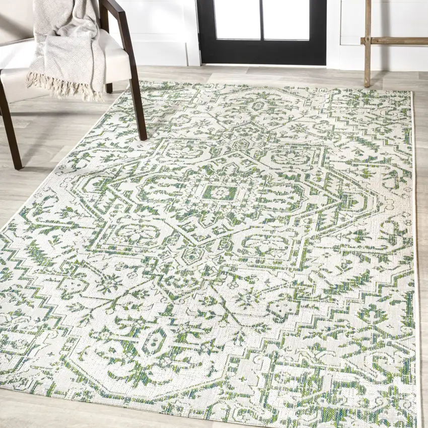 Green And Cream Medallion Indoor Outdoor Area Rug Photo 4