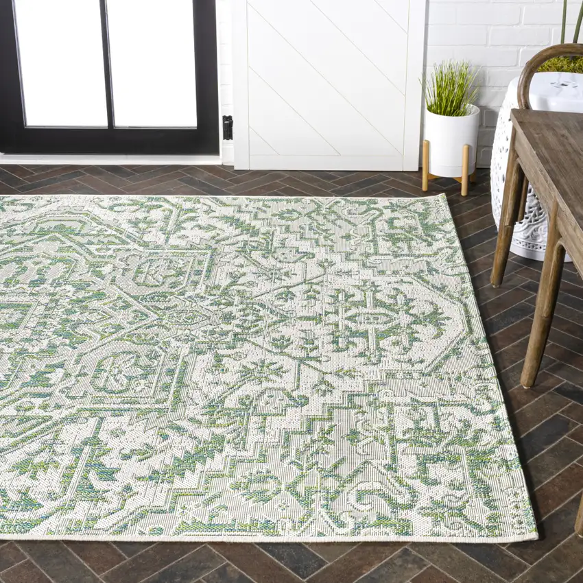 Green And Cream Medallion Indoor Outdoor Area Rug Photo 9