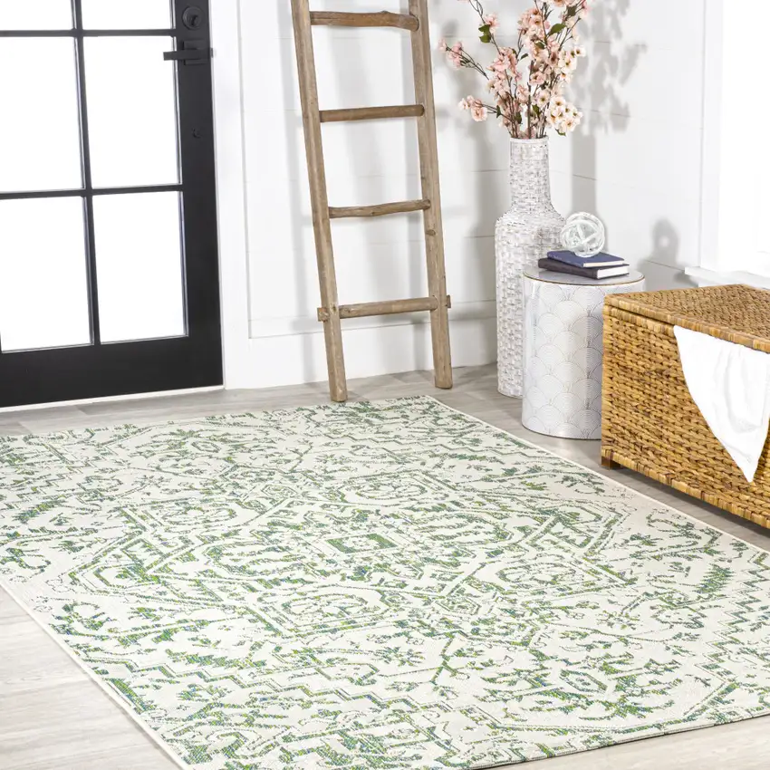 Green And Cream Medallion Indoor Outdoor Area Rug Photo 7