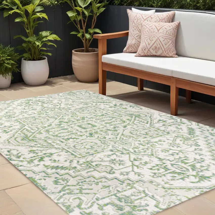 Green And Cream Medallion Indoor Outdoor Area Rug Photo 1