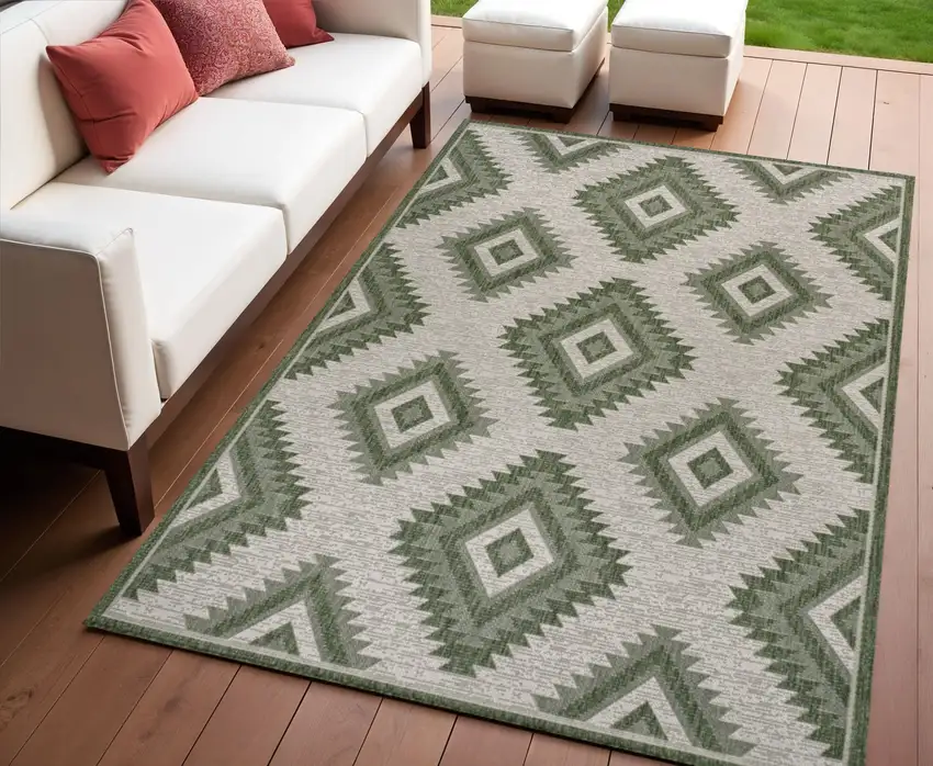 Green And Cream Moroccan Indoor Outdoor Area Rug Photo 1