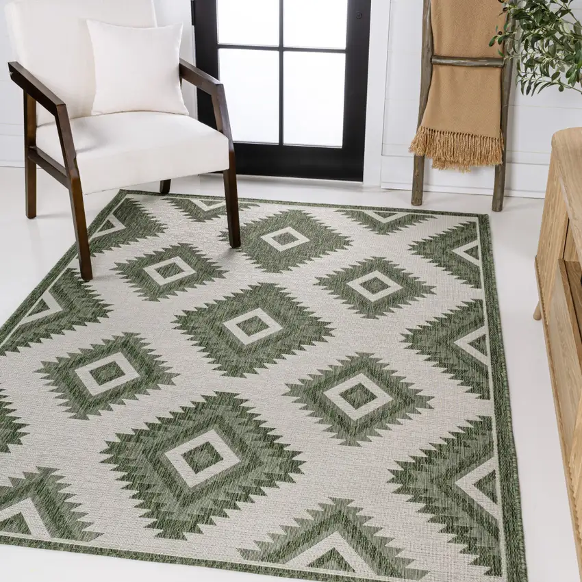 Green And Cream Moroccan Indoor Outdoor Area Rug Photo 5