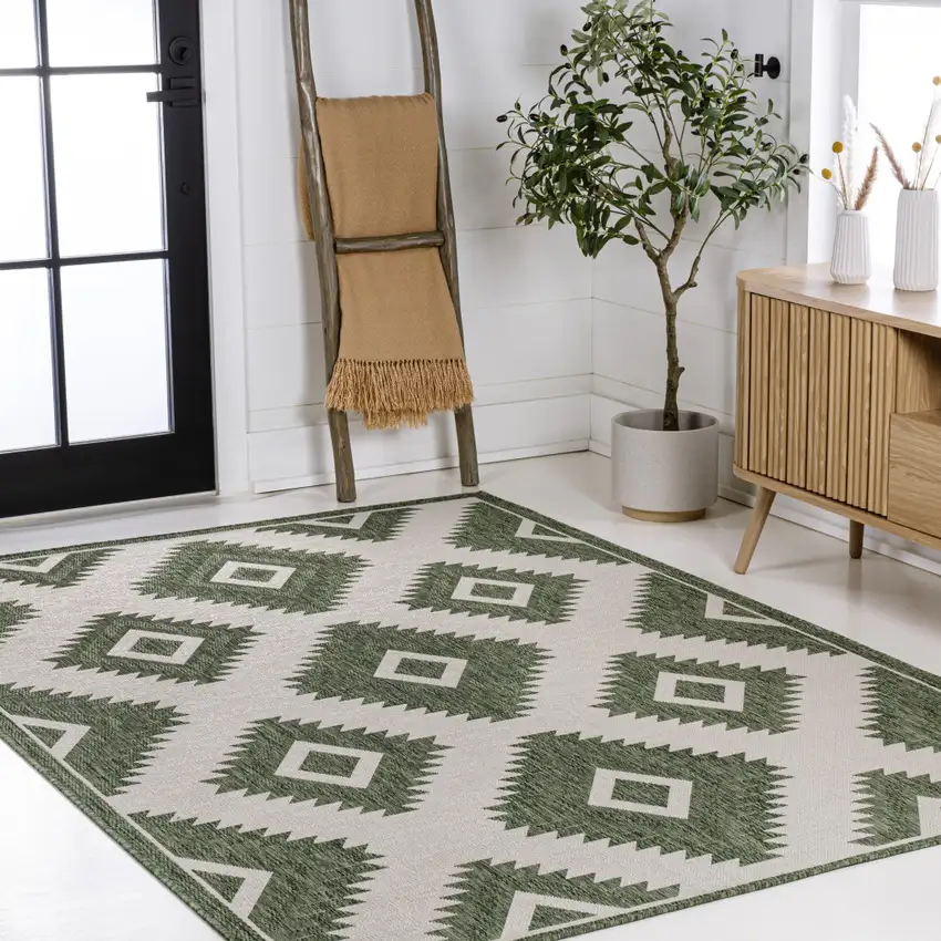 Green And Cream Moroccan Indoor Outdoor Area Rug Photo 8