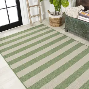 Photo of Green And Cream Striped Indoor Outdoor Area Rug