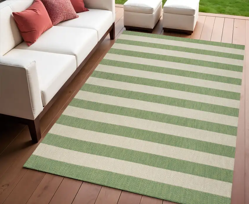 Green And Cream Striped Indoor Outdoor Area Rug Photo 1
