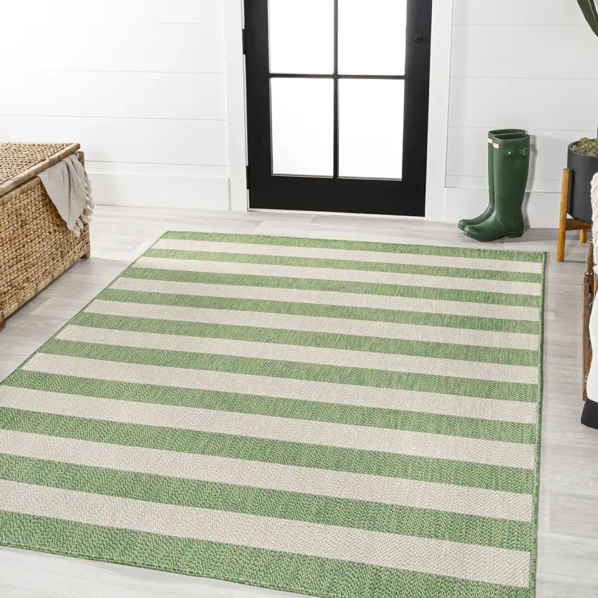 Green And Cream Striped Indoor Outdoor Area Rug Photo 4