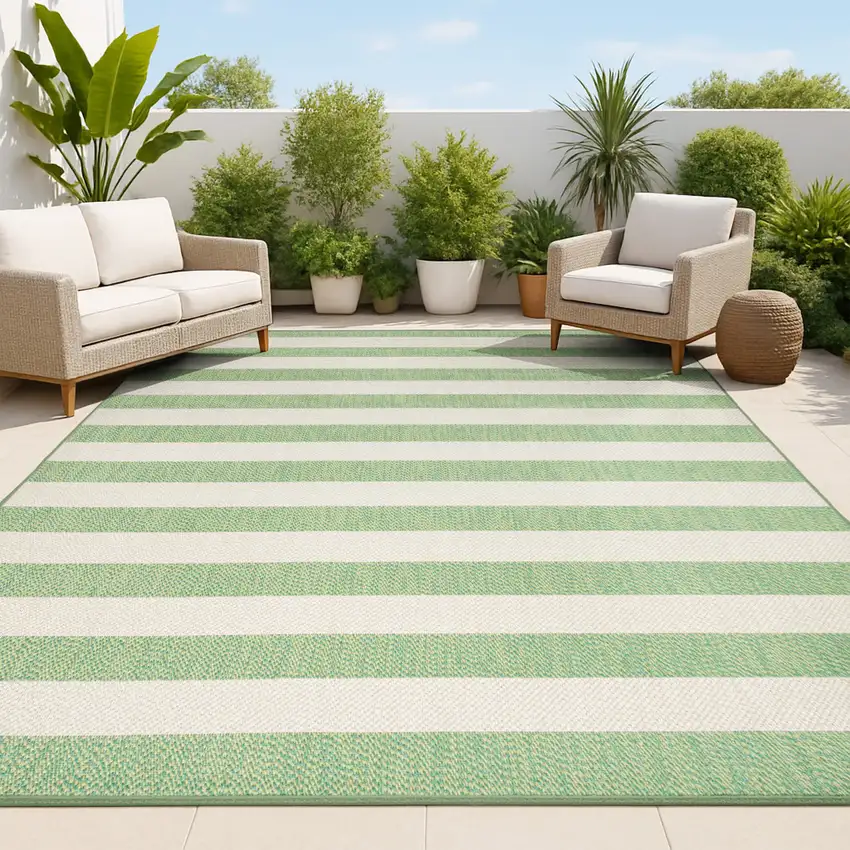 Green And Cream Striped Indoor Outdoor Area Rug Photo 3