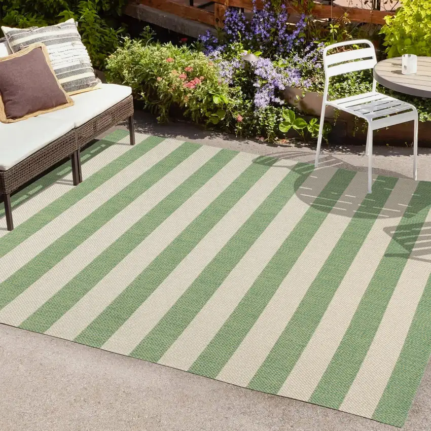Green And Cream Striped Indoor Outdoor Area Rug Photo 8