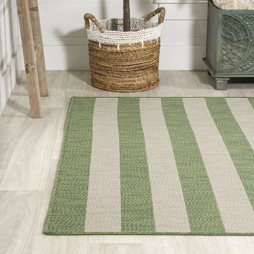 Green And Cream Striped Indoor Outdoor Area Rug Photo 5