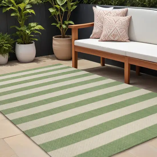 Green And Cream Striped Indoor Outdoor Area Rug Photo 1