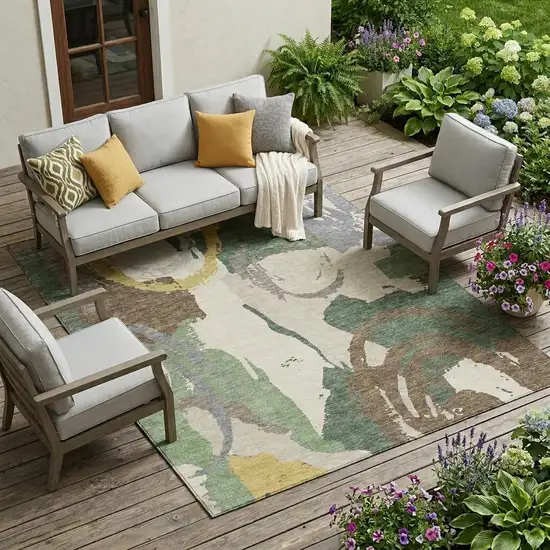 Green And Denim Blue Abstract Washable Indoor Outdoor Area Rug Photo 1
