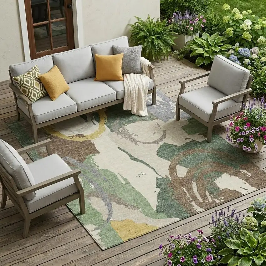Green And Denim Blue Abstract Washable Indoor Outdoor Area Rug Photo 1