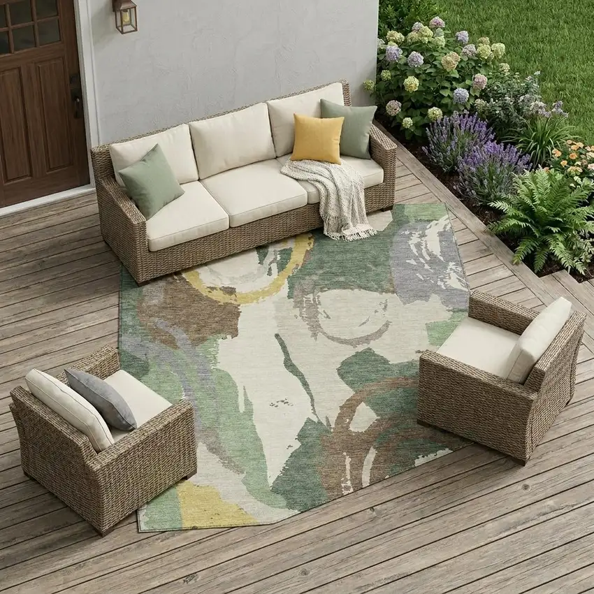 Green And Denim Blue Abstract Washable Indoor Outdoor Area Rug Photo 1