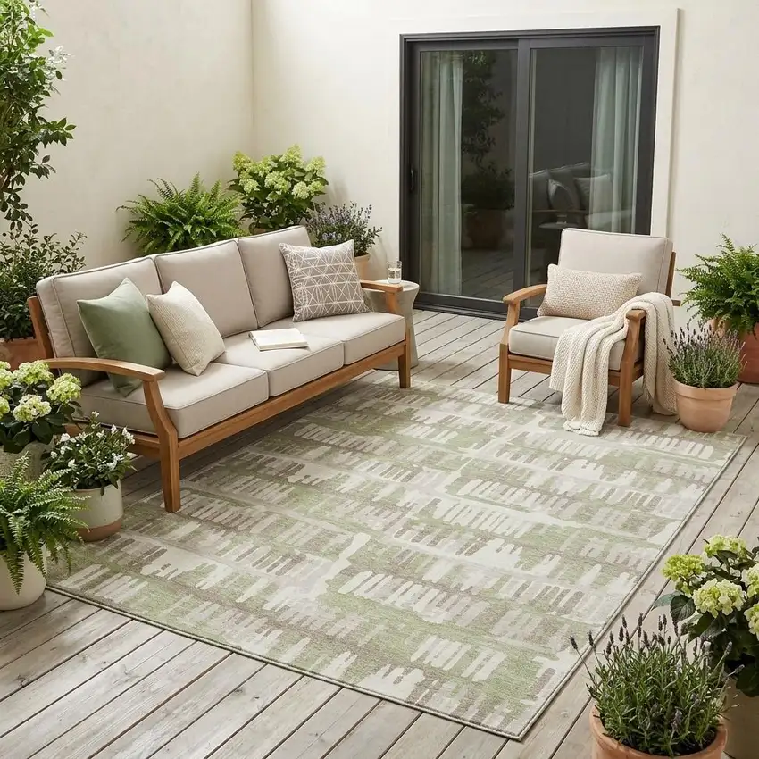 Green And Denim Blue Abstract Washable Indoor Outdoor Area Rug Photo 1