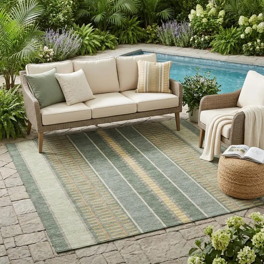 Green And Denim Blue Striped Washable Indoor Outdoor Area Rug Photo 1