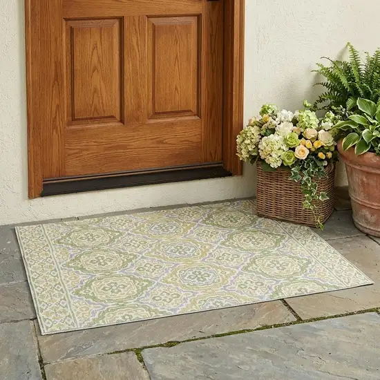 Green And Denim Blue Tribal Washable Indoor Outdoor Area Rug Photo 1