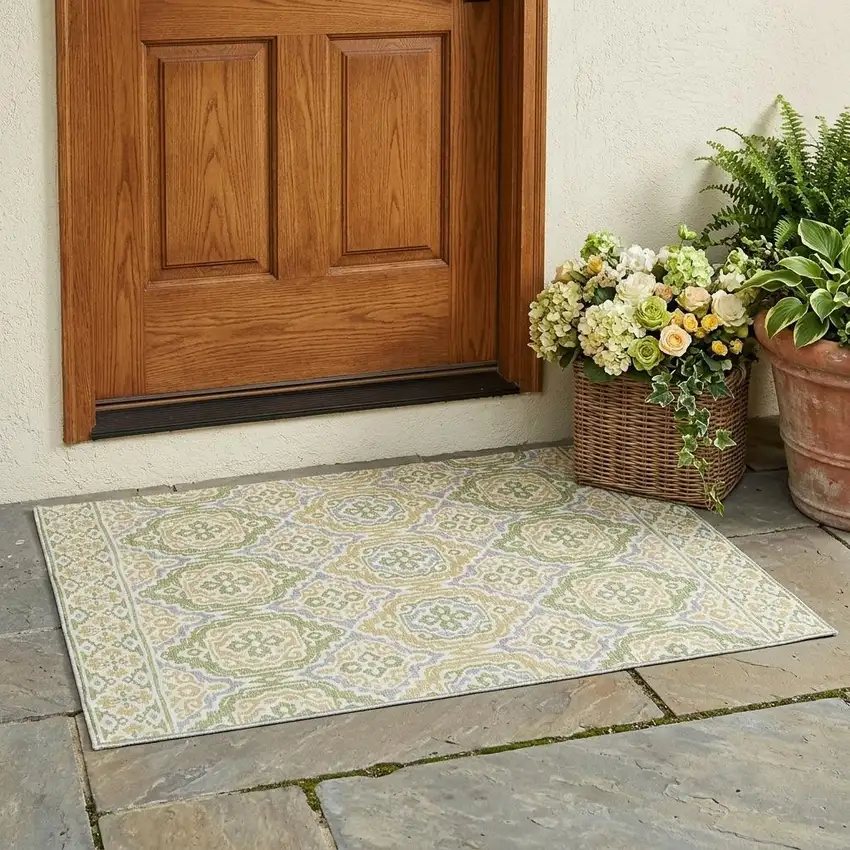 Green And Denim Blue Tribal Washable Indoor Outdoor Area Rug Photo 1