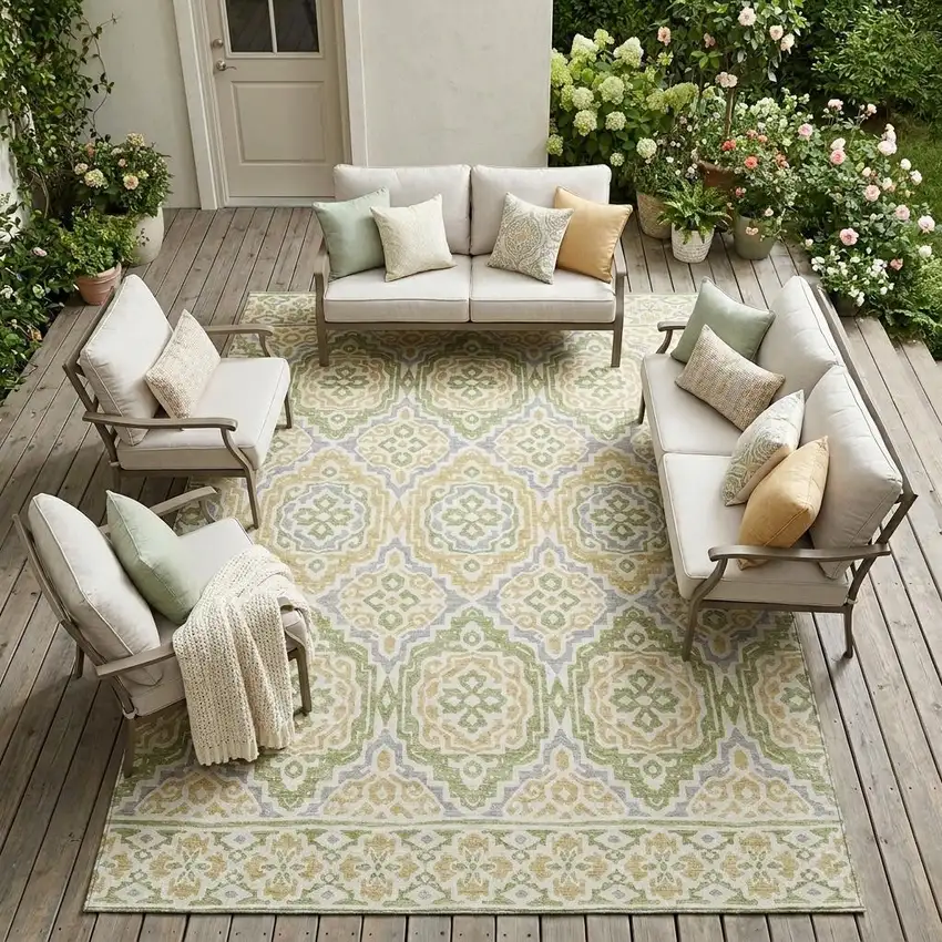 Green And Denim Blue Tribal Washable Indoor Outdoor Area Rug Photo 1