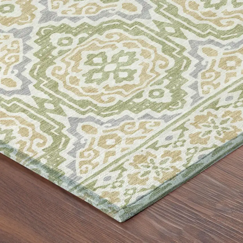 Green And Denim Blue Tribal Washable Indoor Outdoor Area Rug Photo 6