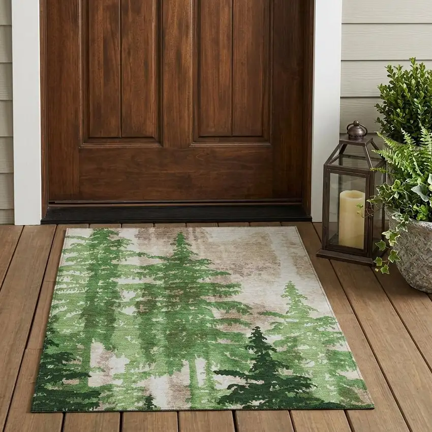 Green And Emerald Floral Washable Indoor Outdoor Area Rug Photo 1