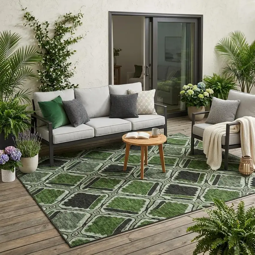 Green And Emerald Geometric Washable Indoor Outdoor Area Rug Photo 1