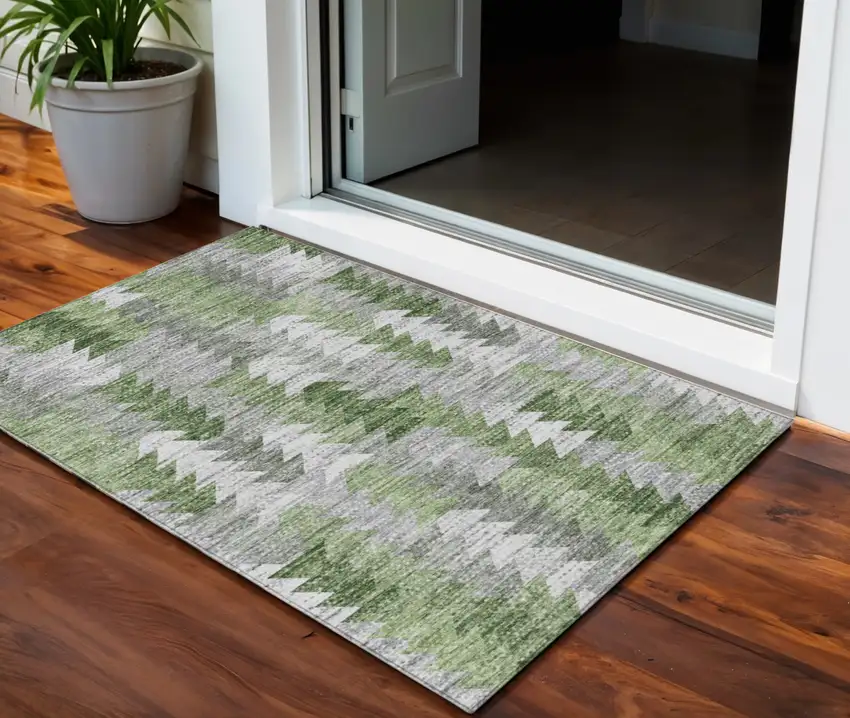 Green And Fern Green Geometric Washable Indoor Outdoor Area Rug Photo 1