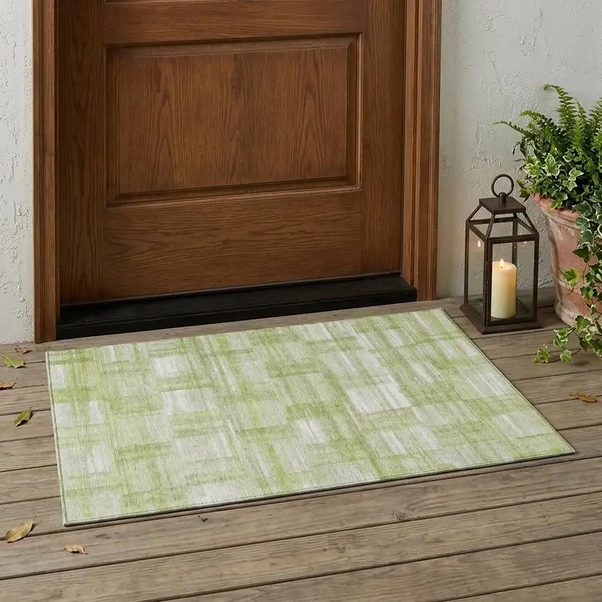 Green And Fern Green Striped Washable Indoor Outdoor Area Rug Photo 1