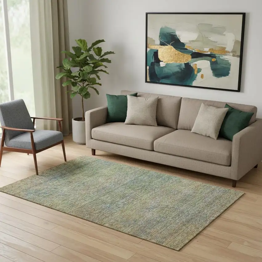 Green And Gold Abstract Washable Area Rug With UV Protection Photo 1