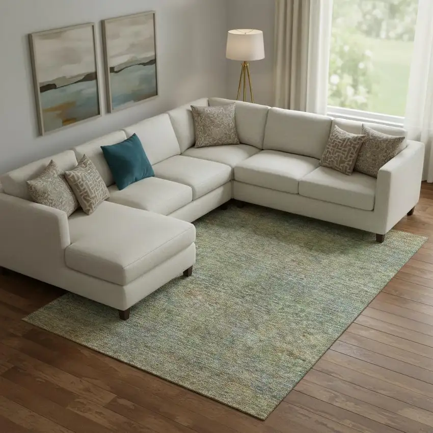 Green And Gold Abstract Washable Area Rug With UV Protection Photo 1